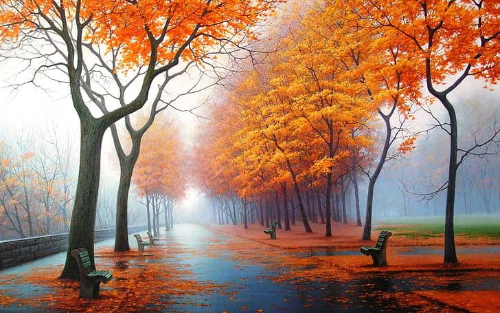 landscapes nature trees autumn season wet paint mist bench roads scenic drawings 1920x1200 wall Nature Trees HD Art , nature, Landscapes, HD wallpaper