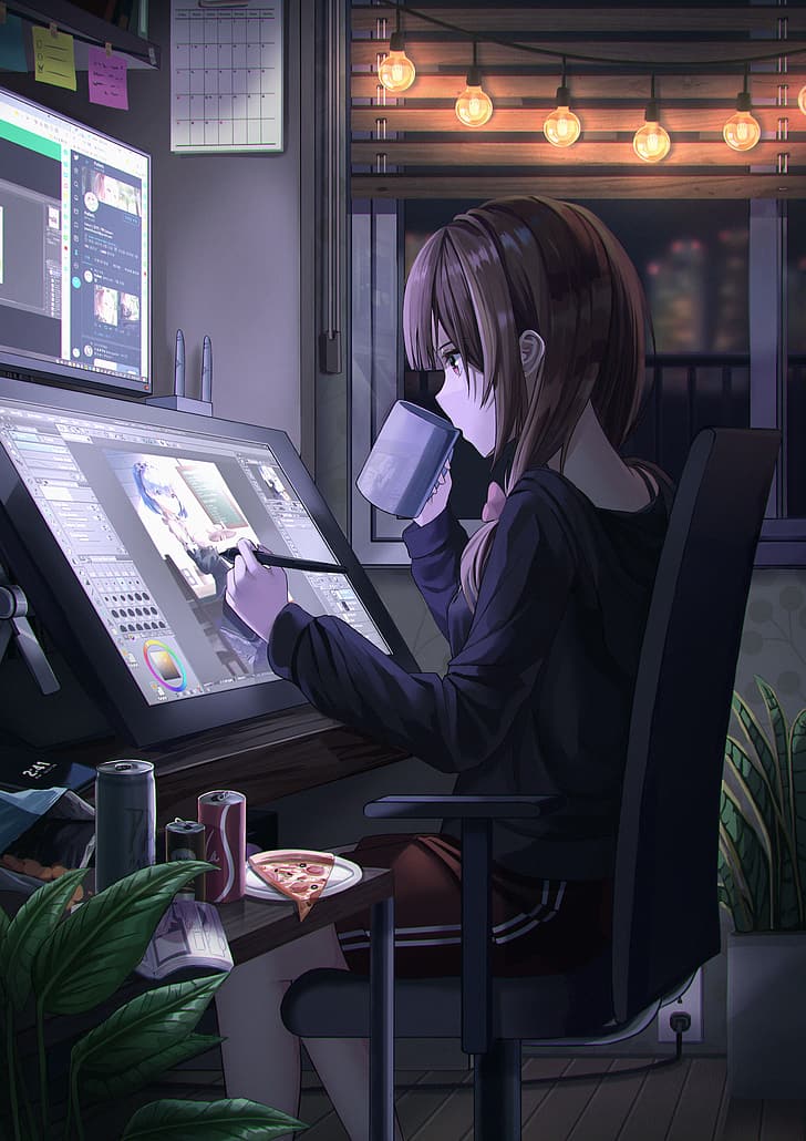anime, anime girls, brunette, sitting, Pallett. (Artist), vertical, HD wallpaper