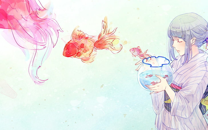 аниме персонажа с белыми волосами, девушка, аниме, аквариум, рисунок, арт, HD обои
