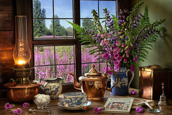 flowers, style, books, lamp, bouquet, kettle, window, mug, Cup, sugar, still life, fern, digitalis, HD wallpaper