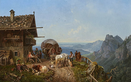 1843, pintor alemán, taberna en las montañas, Henry Burkel, Heinrich Burkel, Fondo de pantalla HD HD wallpaper