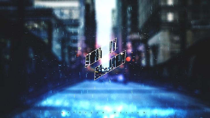 blaue und lila digitale Tapete, Minimalismus, Regen, Wassertropfen, Stadtbild, Straße, Brücke, digitale Kunst, 2D, HD-Hintergrundbild
