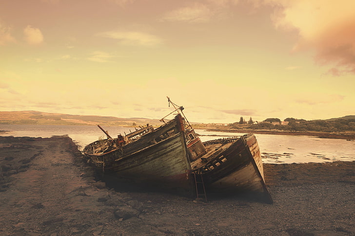 stranded, aground, ships, wrecks, abandoned, beach, HD wallpaper