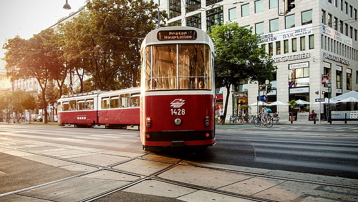 public transport, red, street, the city, traffic, tram, vehicle, vienna, HD wallpaper