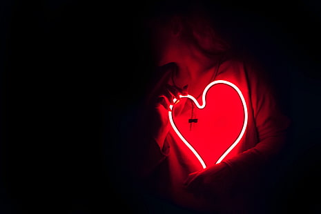 corazón rojo luz de neón, corazón, neón, luz, manos, Fondo de pantalla HD HD wallpaper