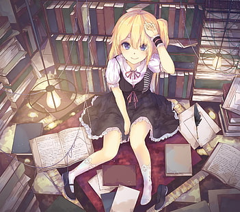 żółtowłosa kobieta postać z anime cyfrowa tapeta, dziewczyny anime, sukienka, książki, skarpetki, niebieskie oczy, blondynka, biblioteka, oryginalne postacie, anime, pokój, Tapety HD HD wallpaper