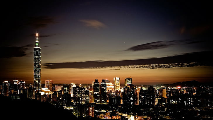 Gebäude, Stadt, Lichter der Stadt, Stadtbild, Wolken, Lichter, Nacht, Himmel, Wolkenkratzer, Sonnenuntergang, Taipei, Taipei 101, Taiwan, HD-Hintergrundbild