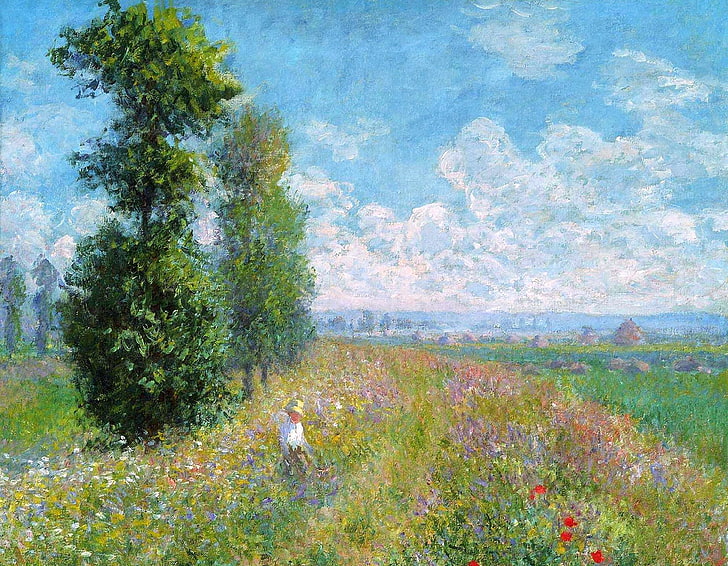 Hombre de pie en el campo de flores en la pintura diurna, campo, el cielo, hierba, nubes, árboles, paisaje, flores, imagen, pradera, Claude Monet, MOP, Fondo de pantalla HD