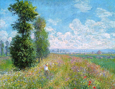 uomo in piedi sul campo di fiori durante il giorno pittura, campo, cielo, erba, nuvole, alberi, paesaggio, fiori, foto, prato, Claude Monet, MOP, Sfondo HD HD wallpaper