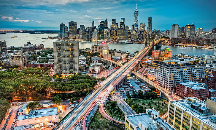 New York, Manhattan, Brooklyn-Brücke, New York, Manhattan, Brooklyn-Brücke, US-Stadt, die Lichter, HD-Hintergrundbild