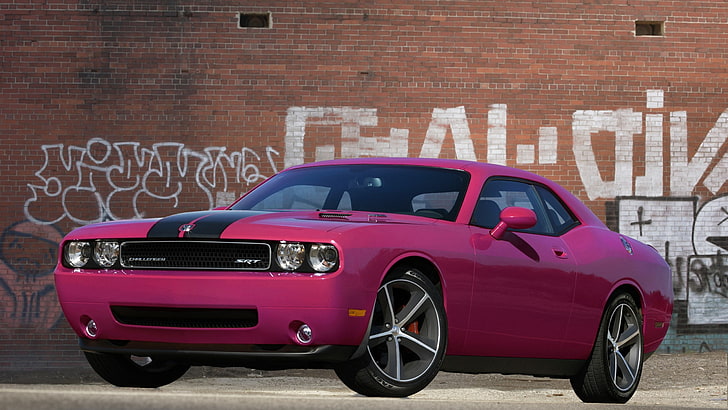 pink and black coupe, car, pink, Dodge, Dodge Challenger, muscle cars, HD wallpaper