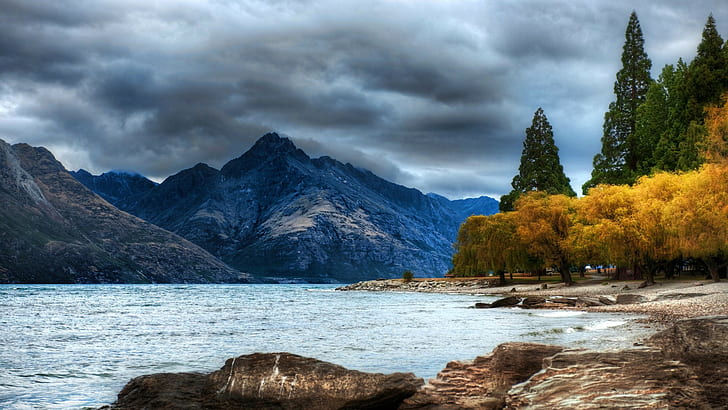 alam, pemandangan, danau, air, pohon, gunung, awan, hutan, batu, Wallpaper HD