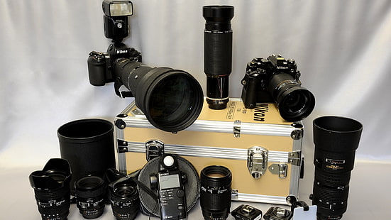 two black DSLR cameras, camera, Nikon, lens, HD wallpaper HD wallpaper