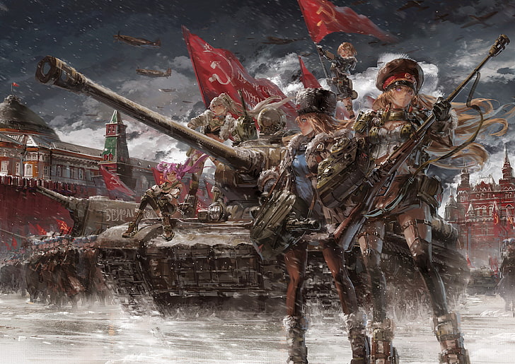 Rússia, tanque, soldado feminino, bandeira, IS-2, KV-2, Valsa Panzer, HD papel de parede