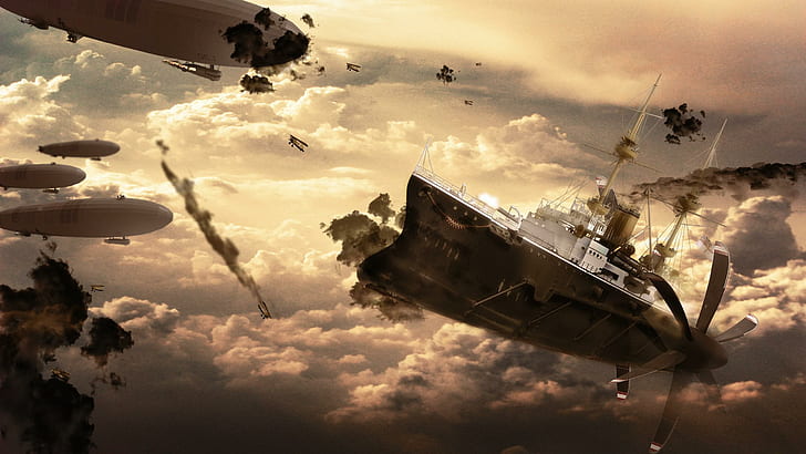 Steampunk airships, white and brown broken ship, fantasy, 2560x1440, ship, steampunk, blimp, zeppelin, airship, HD wallpaper