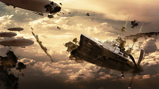 Steampunk airships, white and brown broken ship, fantasy, 2560x1440, ship, steampunk, blimp, zeppelin, airship, HD wallpaper HD wallpaper