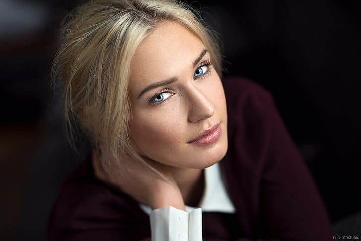 Lods Franck, portret, niebieskie oczy, Eva Mikulski, blondynka, twarz, kobiety, głębia ostrości, Tapety HD