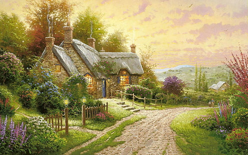 Flowers, 1920x1200, cottage, Summer, road, house, thomas kinkade peaceful time, thomas kinkade puzzles, thomas kinkade disney, thomas kinkade paintings, HD, HD wallpaper HD wallpaper