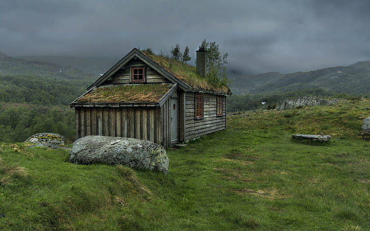Деревянный дом, серый деревянный дом, мир, 2560x1600, трава, облако, холм, дом, скала, дерево, HD обои