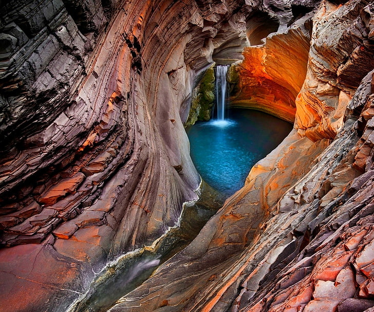 red and brown cave painting, nature, landscape, waterfall, canyon, pond, Australia, water, rock, HD wallpaper