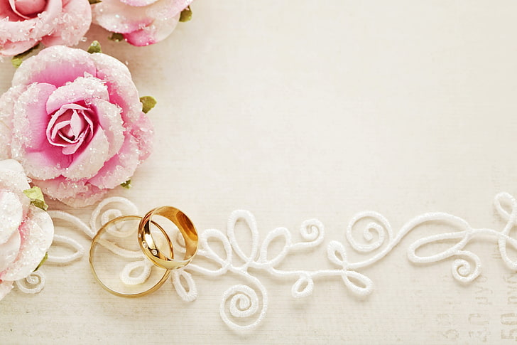 gold-colored ring, flowers, holiday, roses, pigeons, lace, wedding, wedding rings, HD wallpaper