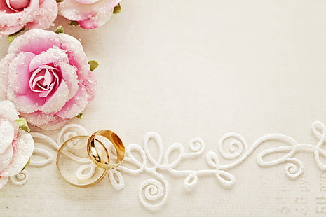 خاتم ذهبي اللون ، زهور ، عطلة ، ورود ، حمام ، دانتيل ، زفاف ، خواتم زفاف، خلفية HD HD wallpaper