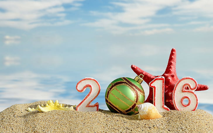 New Year 2016 figures, white and red 2016 candles, beach, sand, Happy, New Year, 2016, figures, HD wallpaper