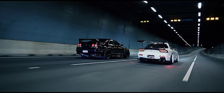 градски светлини, нощ, кола, Nissan Skyline GT-R R33, Mazda RX-7, HD тапет HD wallpaper