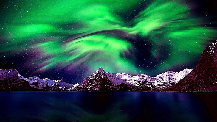 aurora boreal, montaña, nieve, noche, estrellas, Fondo de pantalla HD