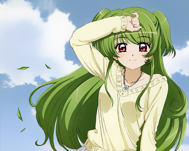 зеленокосо момиче аниме герой, аниме, момиче, усмивка, коса, зелено, HD тапет