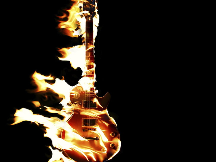 gitar listrik oranye, energi, api, gitar, Wallpaper HD