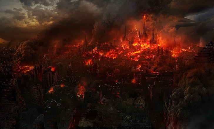 Tapeta cyfrowa wioska pokryta ogniem, ogień, pejzaż miejski, miasto, apokaliptyczny, Tapety HD