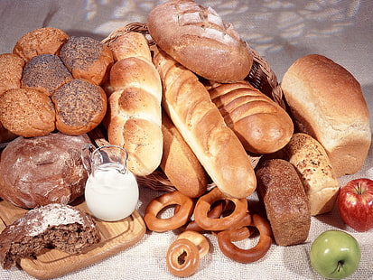 baked bread lot, bread, biscuits, apples, baking, HD wallpaper HD wallpaper