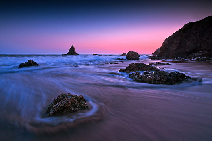 time lapse photography of tidal waves on shore, El Matador, State, Beach, time lapse photography, tidal waves, shore, malibu, el  matador, usa, sunset, sea  coast, pch, pacific  ocean, sand, SAL-1635Z, boulder, starless, sunless, Gear, me, premium, bronze, silver, gold, platinum, diamond, A900, Sony, sea, nature, rock - Object, coastline, wave, dusk, landscape, scenics, water, seascape, sunrise - Dawn, outdoors, beauty In Nature, blue, HD wallpaper