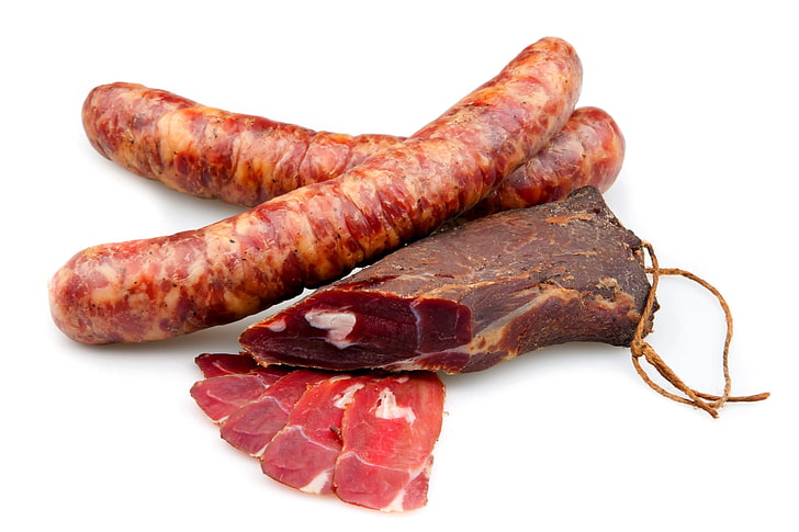 raw sausage and meat, sausage, meat, smoked, tasty, HD wallpaper