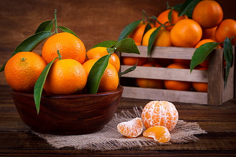 листа, цитрусови плодове, купа, филийки, мандарина, мандарини, HD тапет HD wallpaper