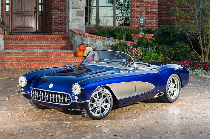 1957, bleu, voitures, chevy, classique, cabriolet, corvette, modifié, Fond d'écran HD
