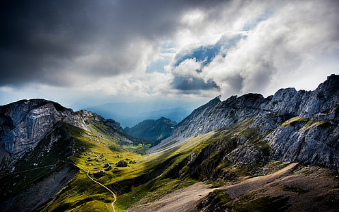 Гора Пилатус, Швейцария, Гора Пилатус, Швейцария, горы, долина, облака, HD обои HD wallpaper