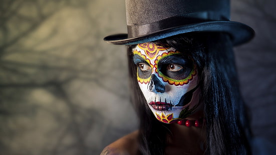 cat wajah calavera wanita, wanita mengenakan topi hitam, karya seni, fotografi, Sugar Skull, topi wanita, closeup, voodoo, wajah, topi, Dia de los Muertos, Wallpaper HD HD wallpaper