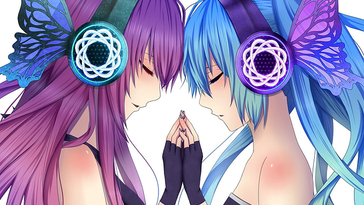 lila und blauhaarige Anime Charaktere, Vocaloid, Megurine Luka, Hatsune Miku, langes Haar, Kopfhörer, Twintails, Anime Girls, Anime, lila Haare, blaues Haar, HD-Hintergrundbild