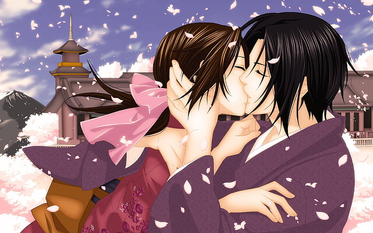 couple anime character digital wallpaper, boy, girl, kissing, feeling, petals, kimono, tenderness, HD wallpaper