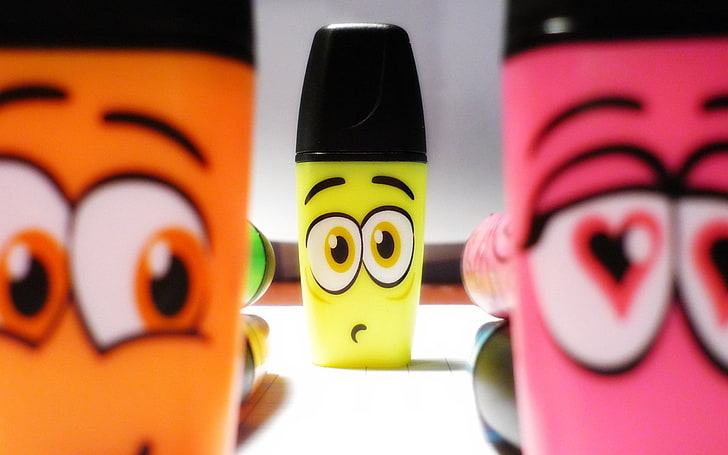 yellow highlighter marker, markers, smiles, emotion, colorful, caps, HD wallpaper