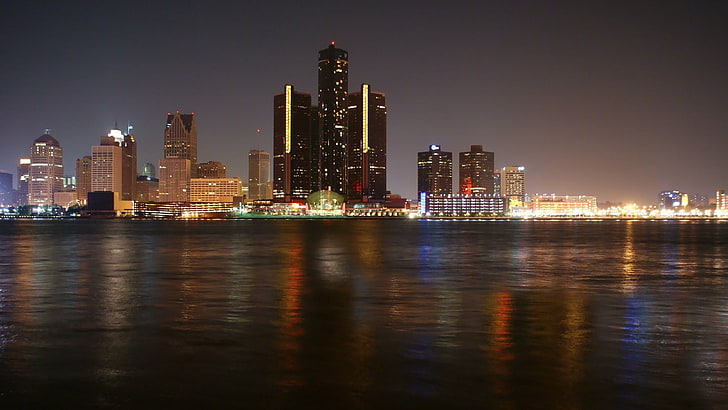 Wolkenkratzer, Detroit, Wolkenkratzer, Nacht, Fluss, HD-Hintergrundbild