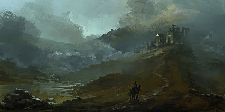 castle on mountain painting, digital art, nature, landscape, sky, hills, gloomy, HD wallpaper