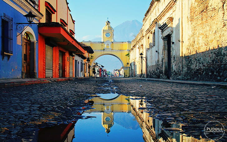 Arch, Clocktowers, Cobblestone, Guatemala, house, mountains, Old Building, People, reflection, South America, street, town, water, Watermarked, HD wallpaper