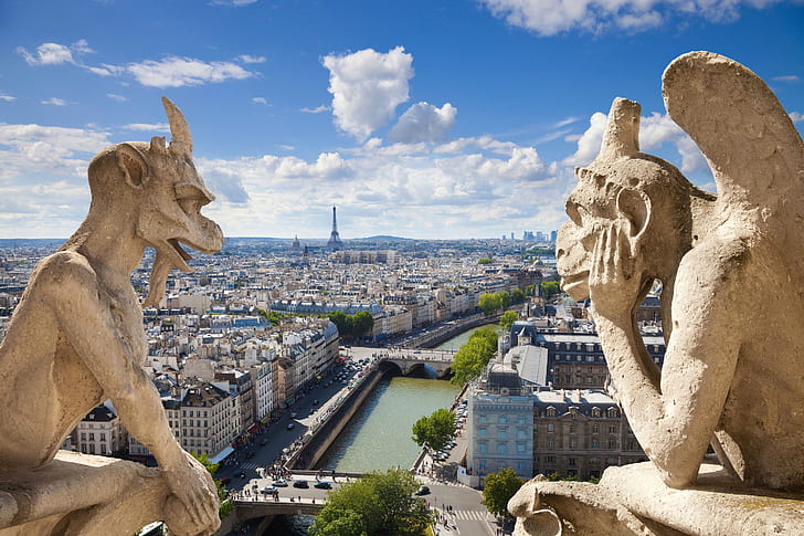 المدن ، المدينة ، Gargoyle ، Notre-Dame de Paris ، باريس، خلفية HD