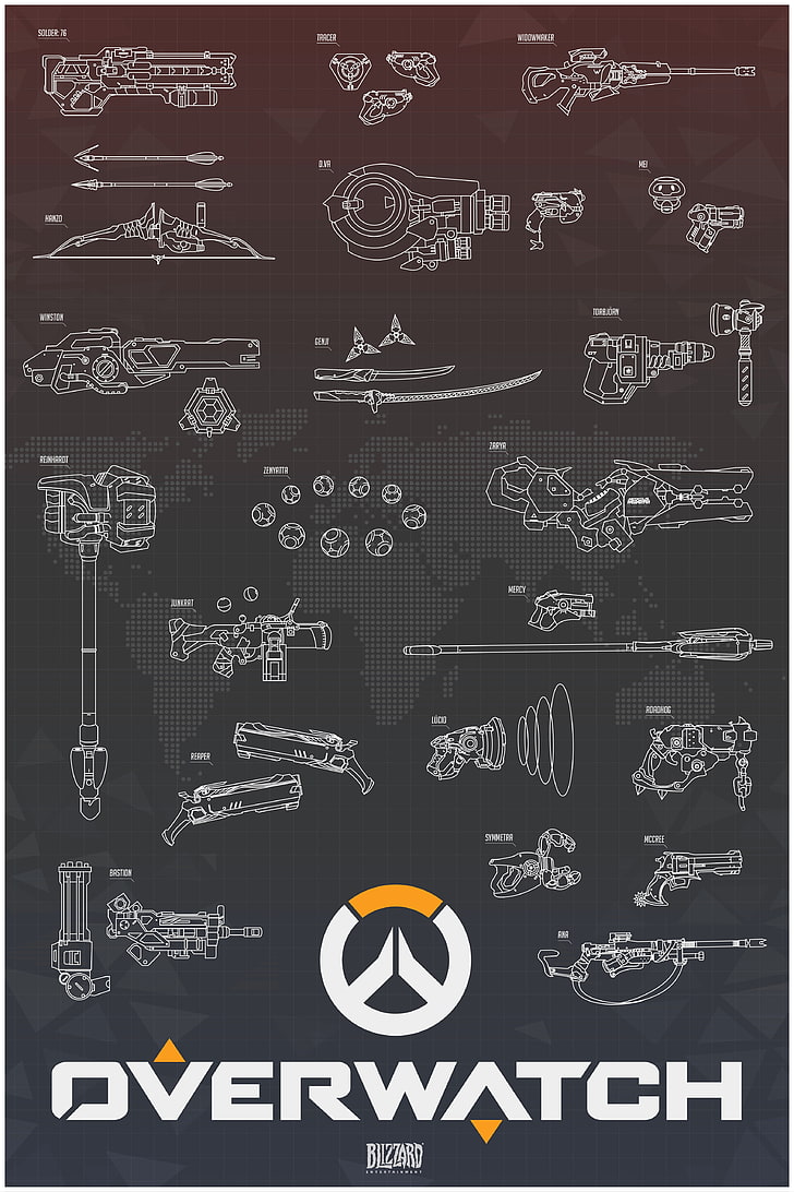 black and white weapons diagrams, Overwatch, Overwatch Anniversary, video games, HD wallpaper