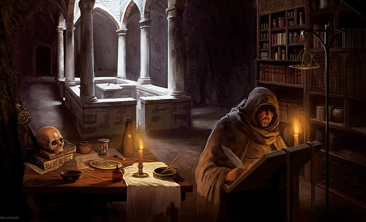 człowiek stojący w pobliżu ilustracji półki z książkami, biblioteka, mężczyzna, świeca, czaszka, Tapety HD