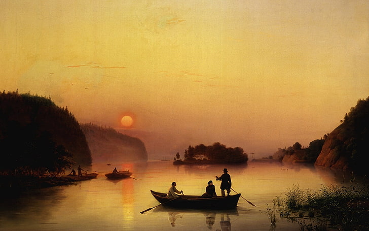 brown canoe, picture, ivanov, crossing, art, people, boat, evening, decline, HD wallpaper