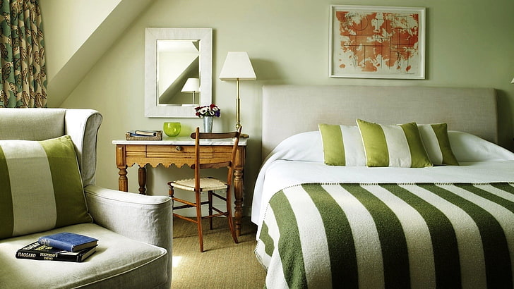 white and green bed comforter set, room, design, interior, bedroom, bed linen, HD wallpaper